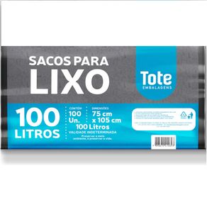 Saco Plástico p/Lixo TOTE 100L x 100un 75x105x0,7- Preto Sc Lixo 100x100 Prt Tote 75x105x0,7